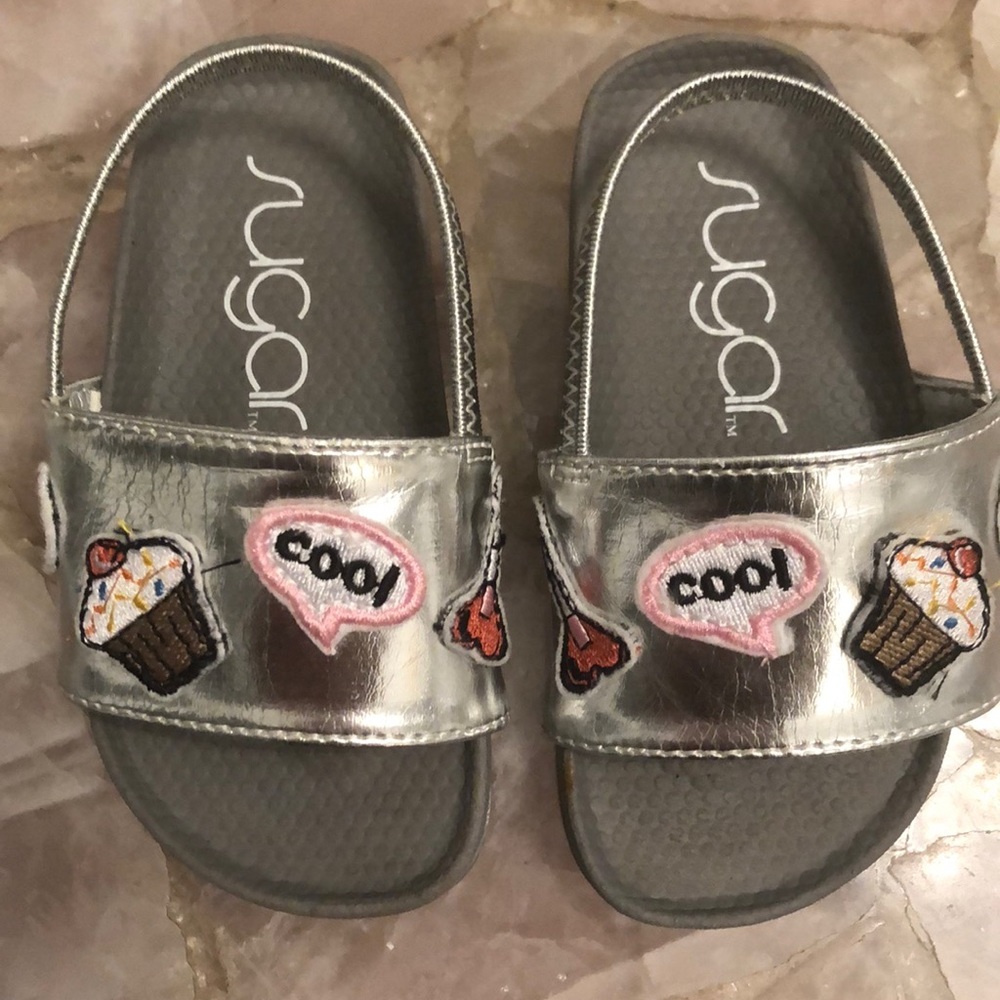 Silver Slides, sandals with super cute w/ patches